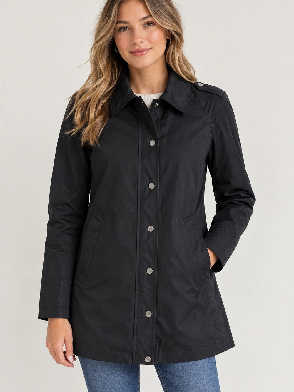 Burberry Brit Bowpark Black Raincoat with Snap-Front Closure